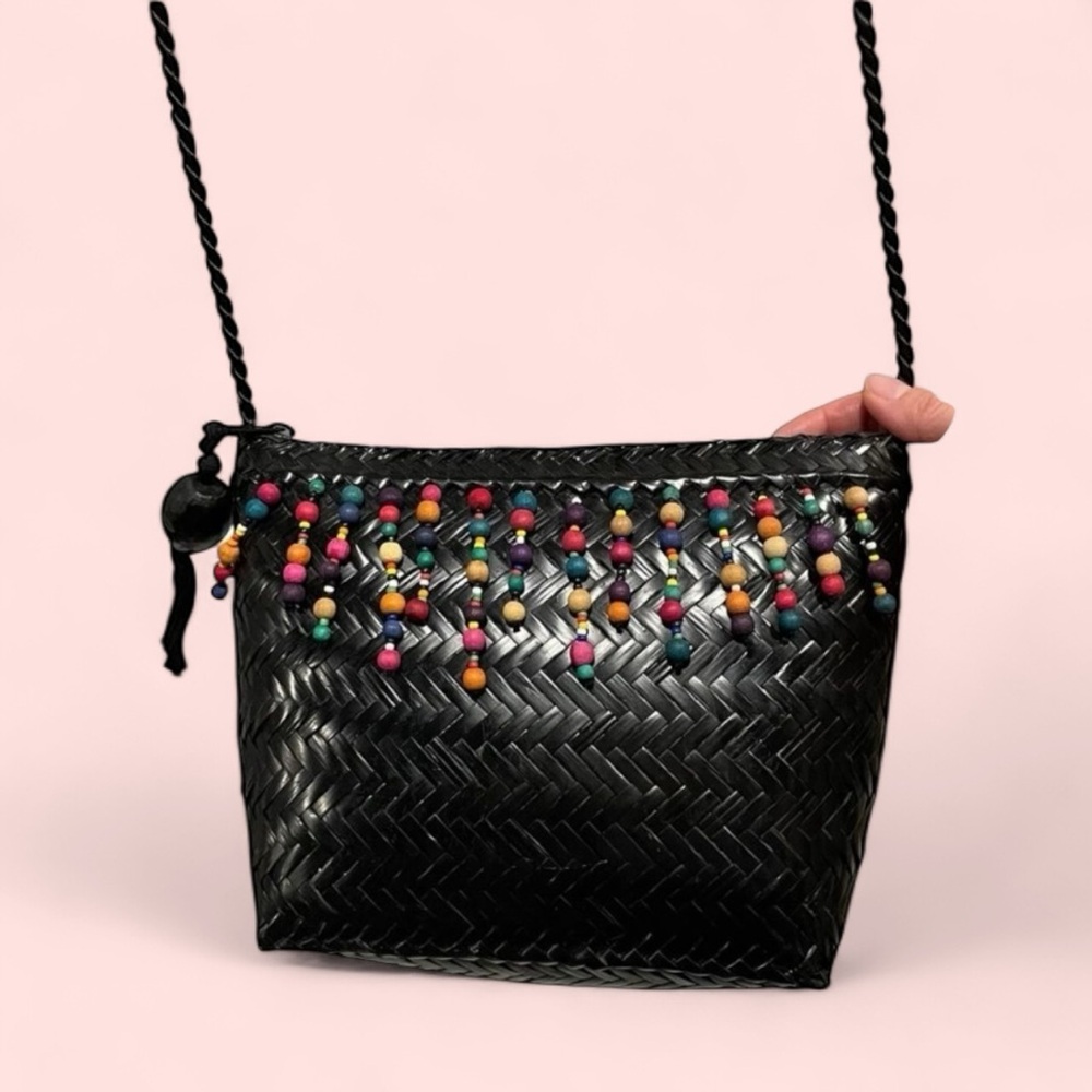 Vintage black woven straw beaded tassel crossbody bag exotic 90’s